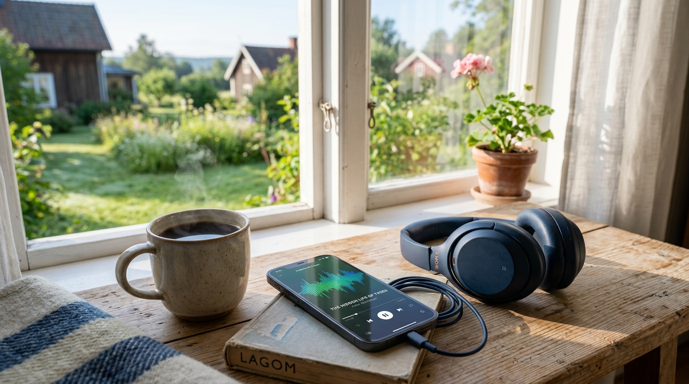 Ljudboksapp på smartphone bredvid kaffekopp och hörlurar på rustikt fönsterbord