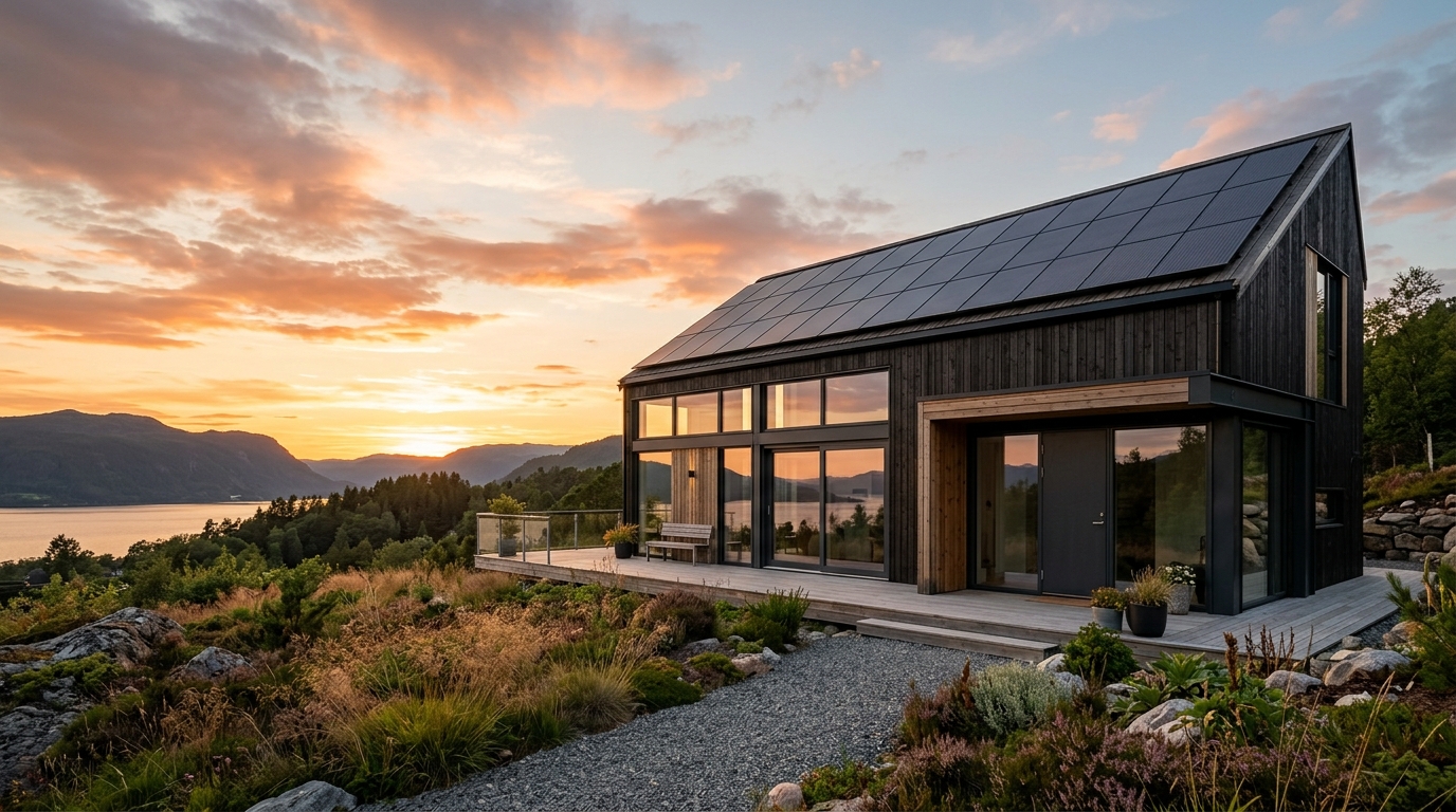 Arkitektonisk modern villa i solnedgång med integrerad energilagring och smart styrning