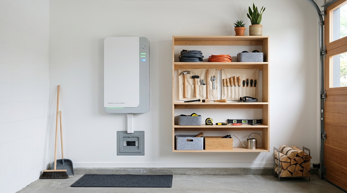 Modernt hembatterisystem installerat på en snygg vit garagevägg i en villa