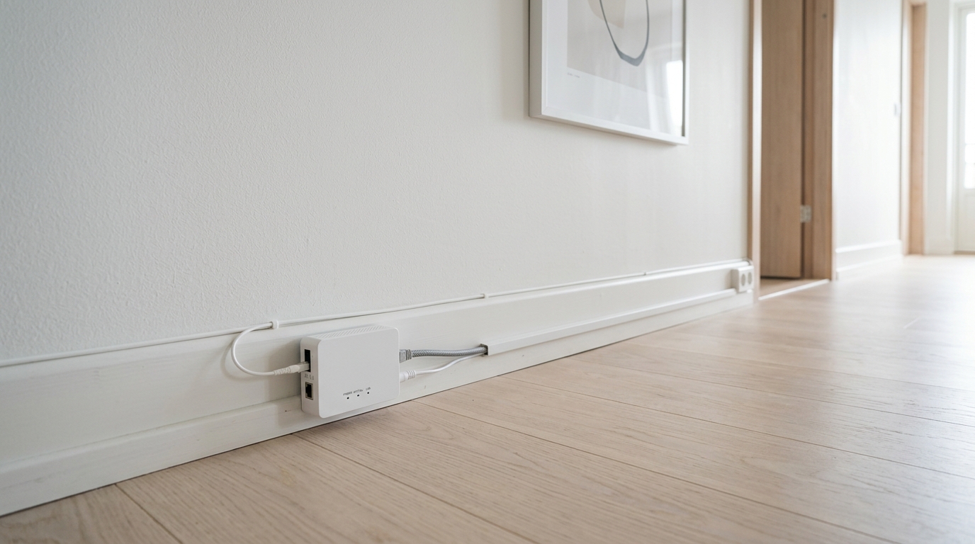 Stilren fiberkonverter monterad diskret vid golvlisten i en modern skandinavisk hall