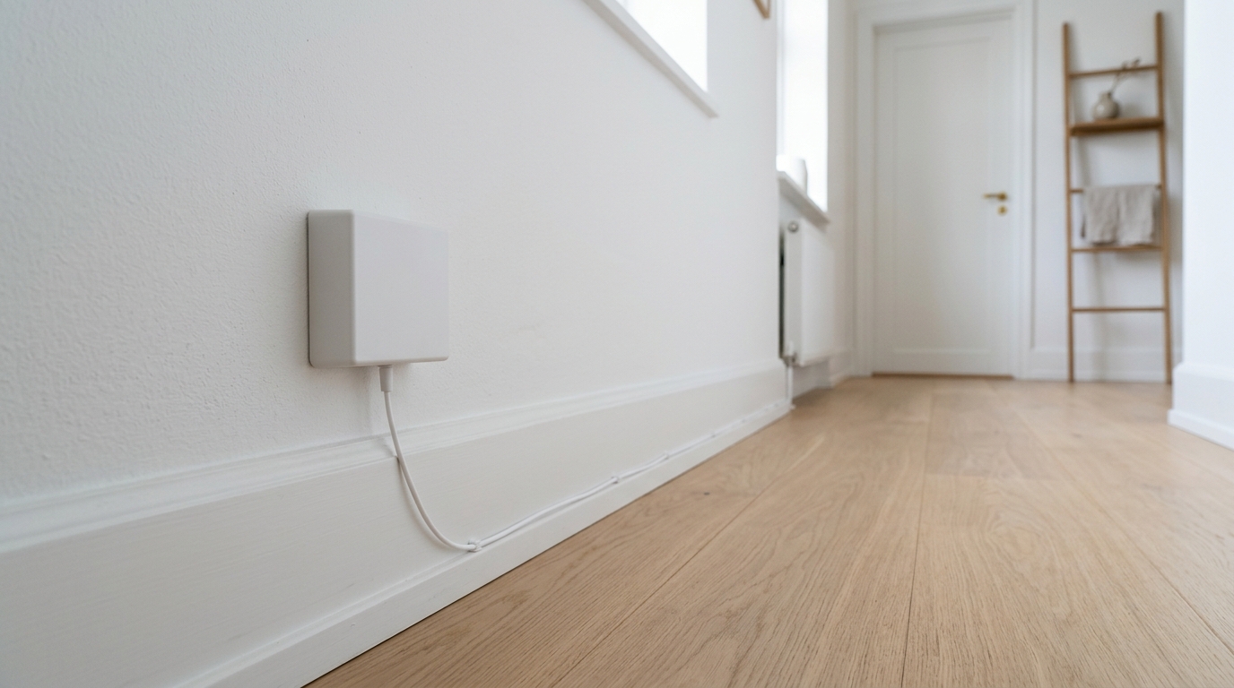 Diskret vit fiberdosa och slank fiberkabel längs vit golvlist i skandinaviskt hem