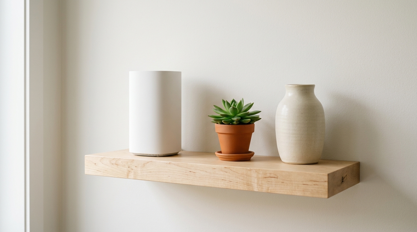 Minimalistisk modern vit Wi-Fi 6 router på ljus trähylla i skandinaviskt hem