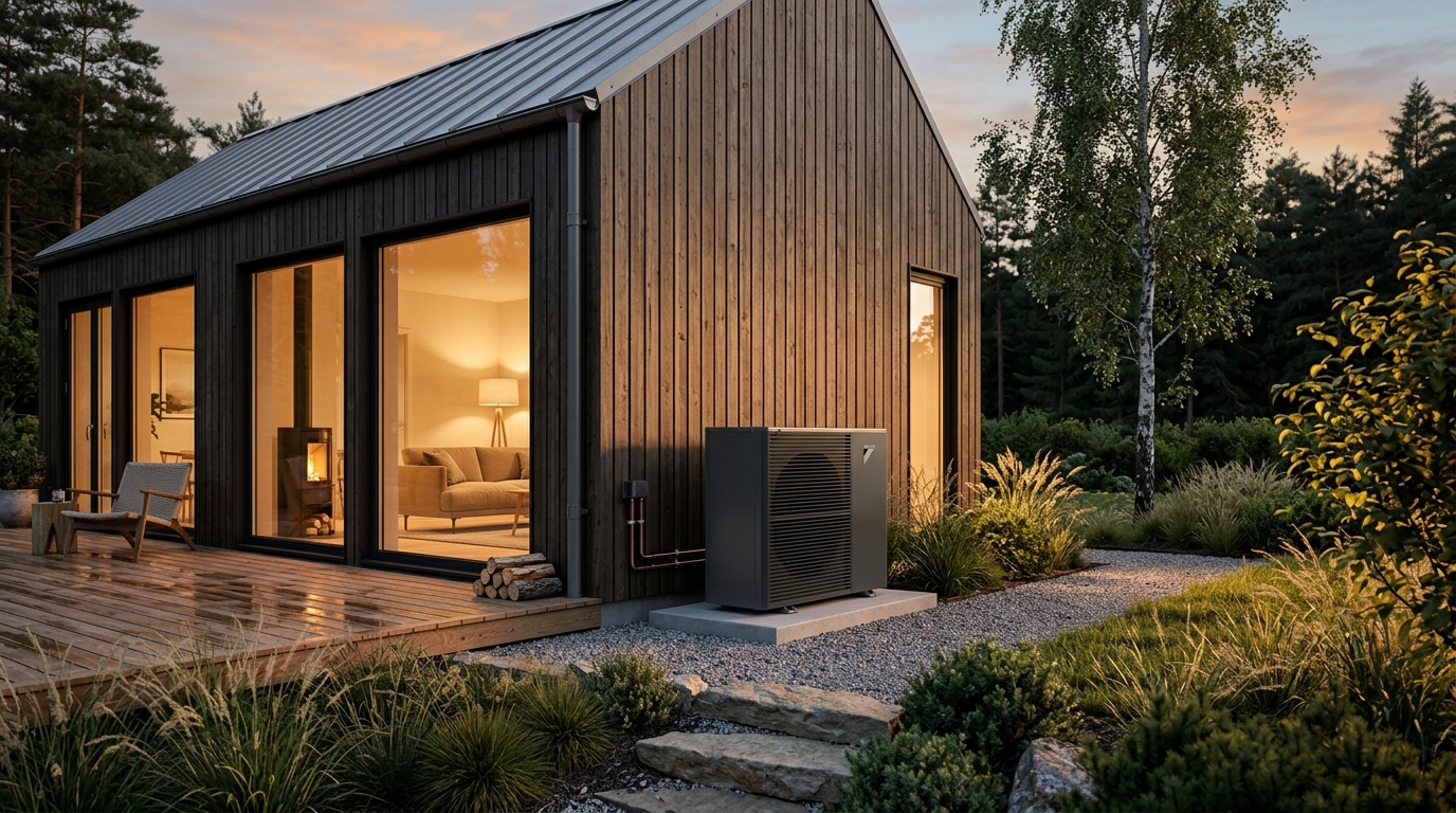 Modern luft-vatten värmepump installerad vid ett arkitektritat skandinaviskt trähus i kvällsljus