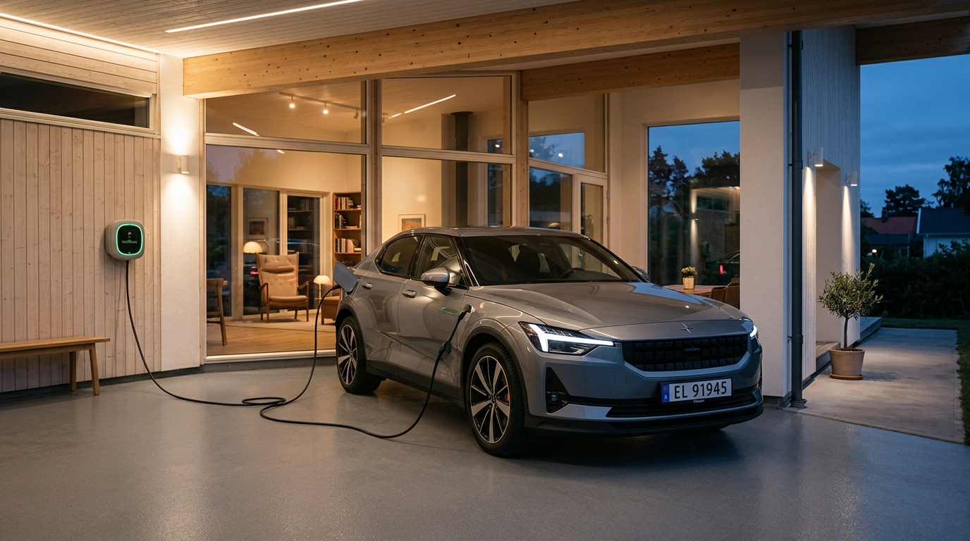 Modern elbil laddas nattetid i ett garage med minimalistisk hemmaladdare