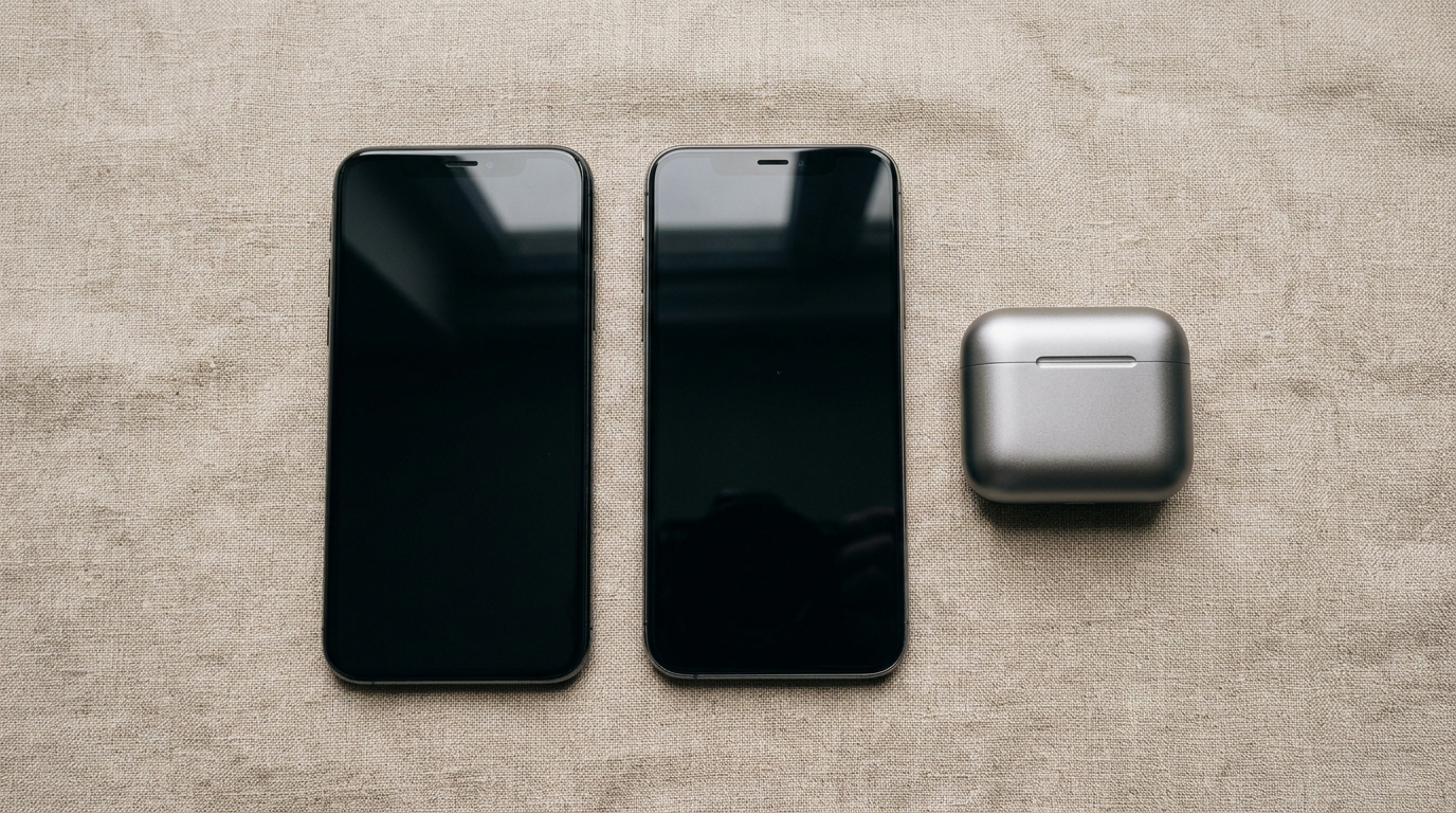 Två moderna smartphones och trådlösa hörlurar på en neutral linneyta