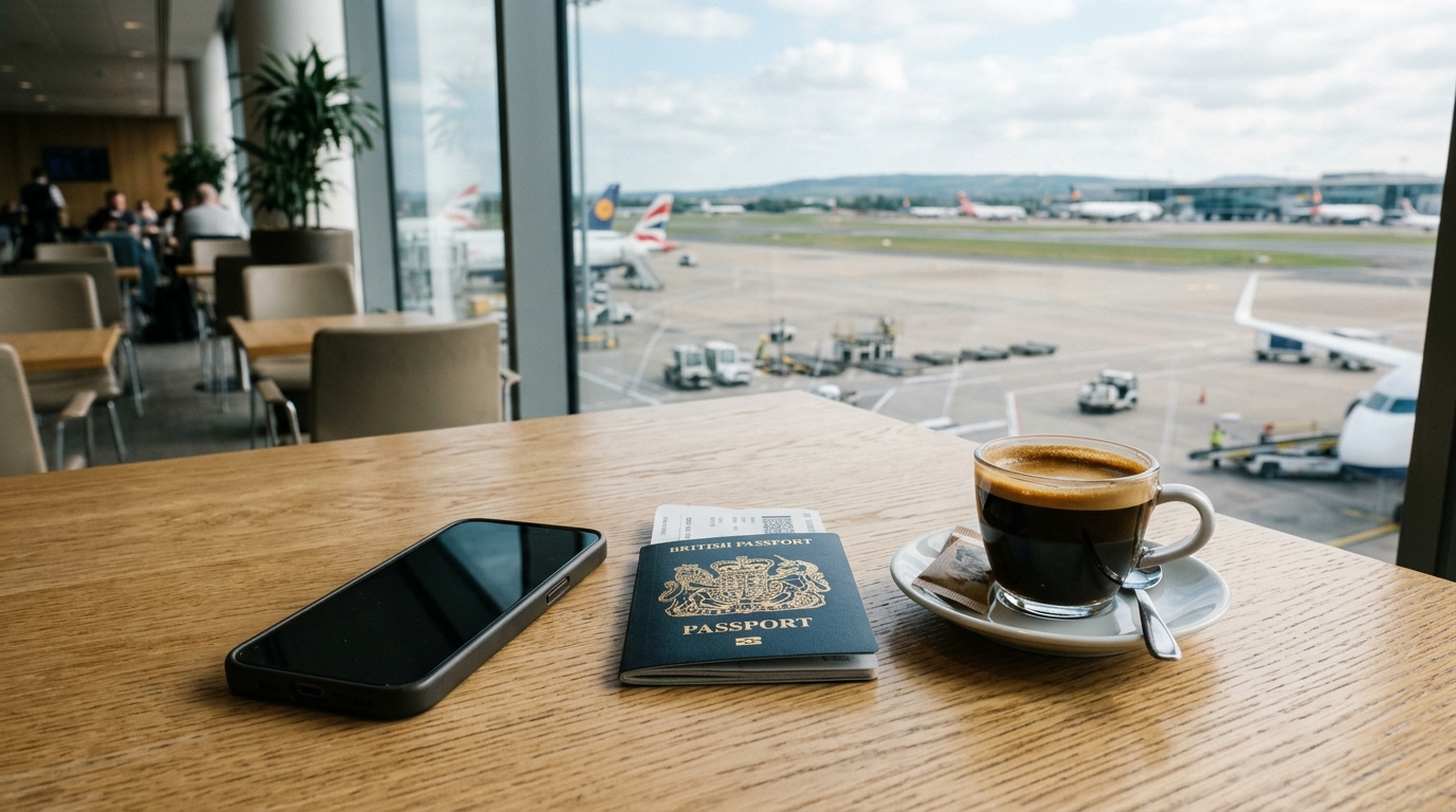Smartphone bredvid pass och kaffekopp på ett bord vid en flygplatsgate