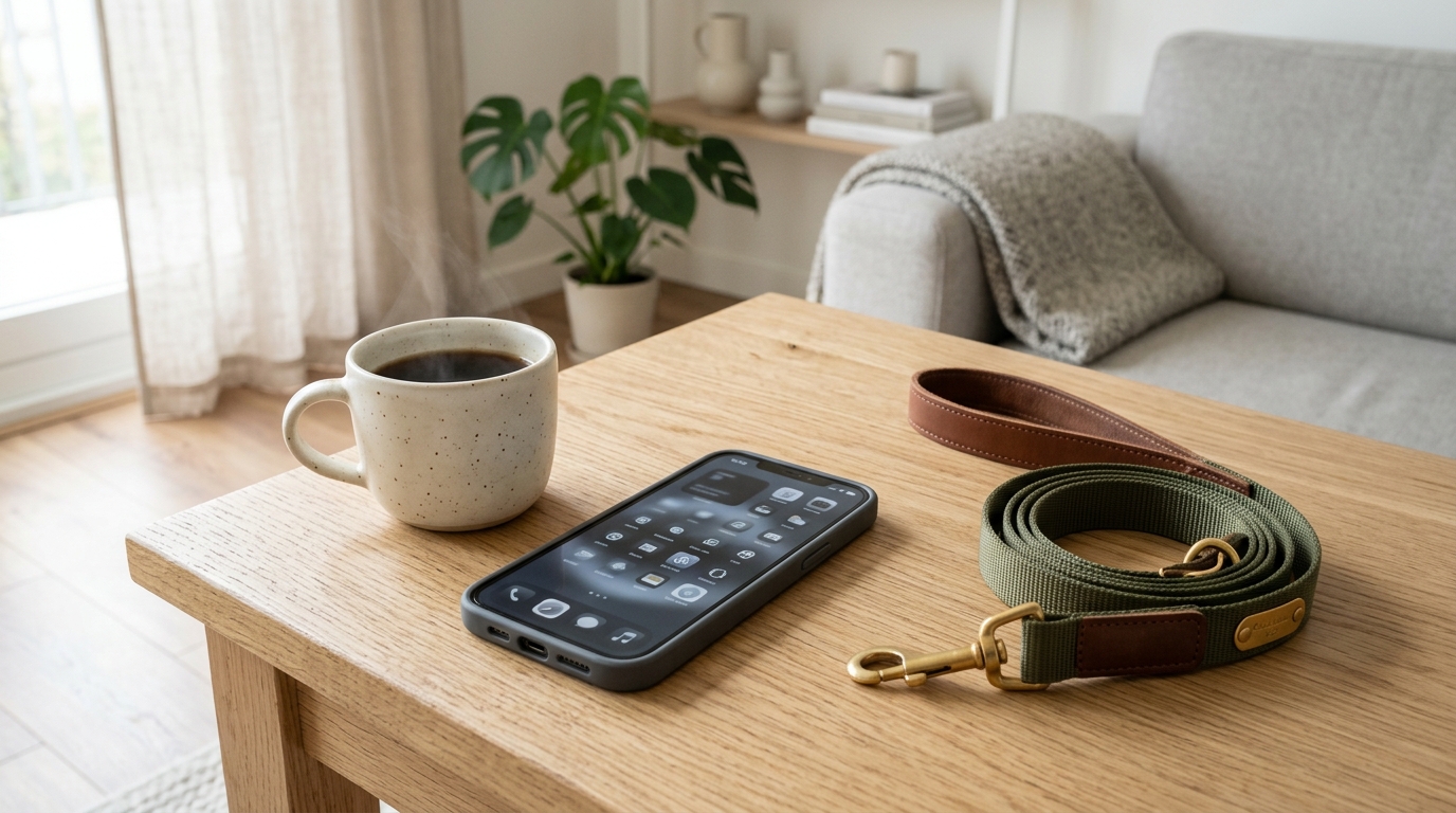 Smartphone och hundkoppel på ett soffbord i ett ljust skandinaviskt vardagsrum