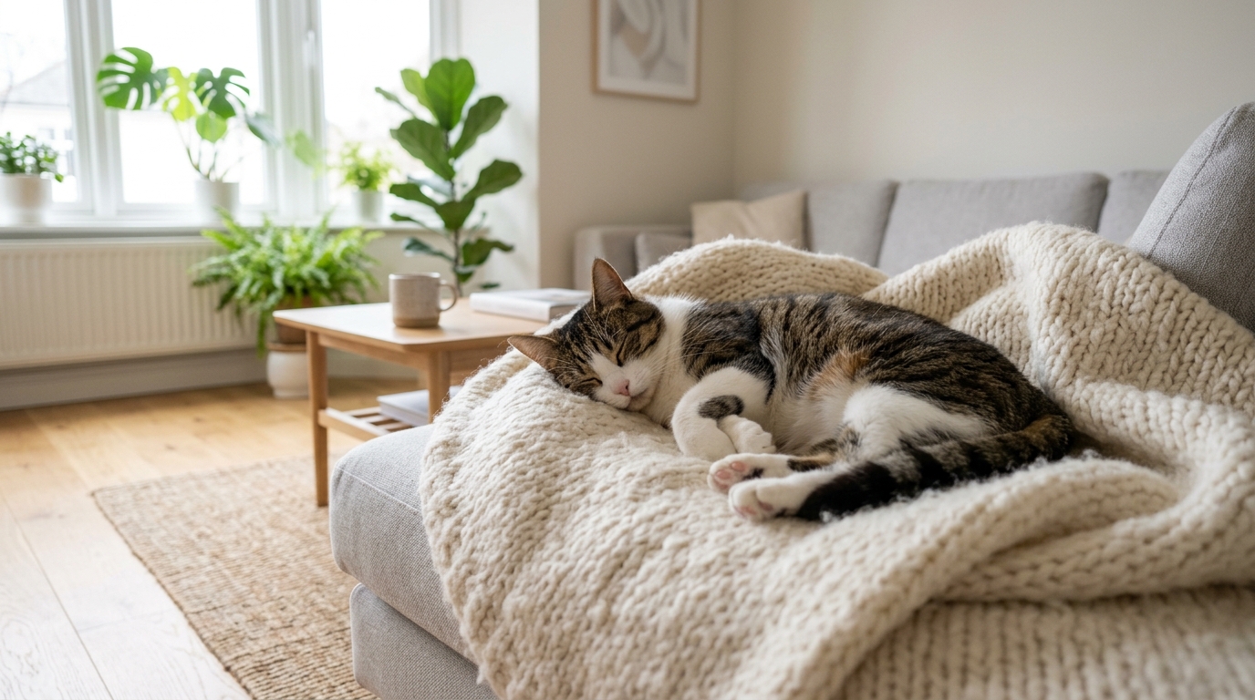 Tamkatt som sover lugnt på en stickad yllefilt i ett ljust skandinaviskt hem