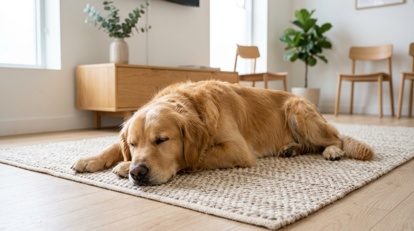 Fridfull golden retriever som vilar på en matta i ett ljust skandinaviskt vardagsrum