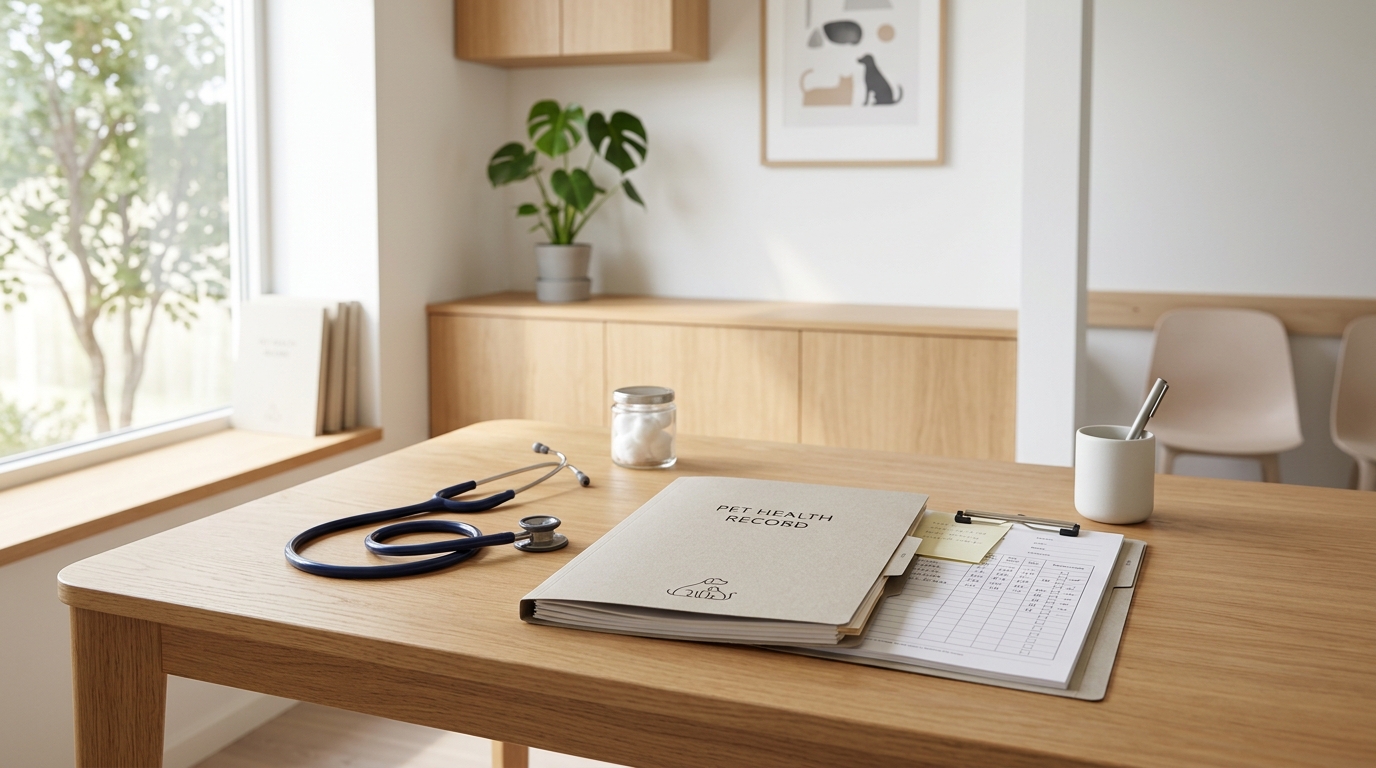 Veterinärskrivbord med stetoskop och journalmapp i ljus klinikmiljö