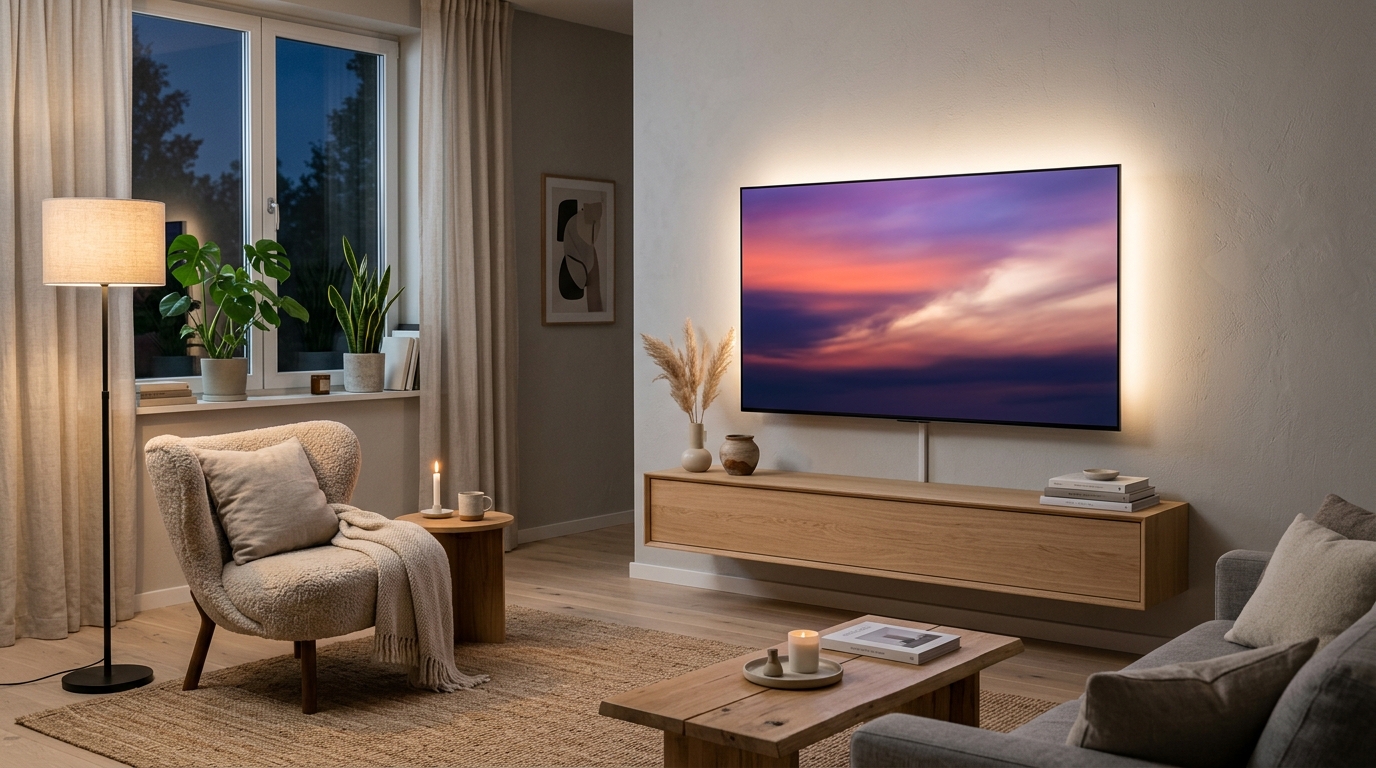 Stilrent skandinaviskt vardagsrum med vägghängd 4K-TV med stämningsfull bakgrundsbelysning