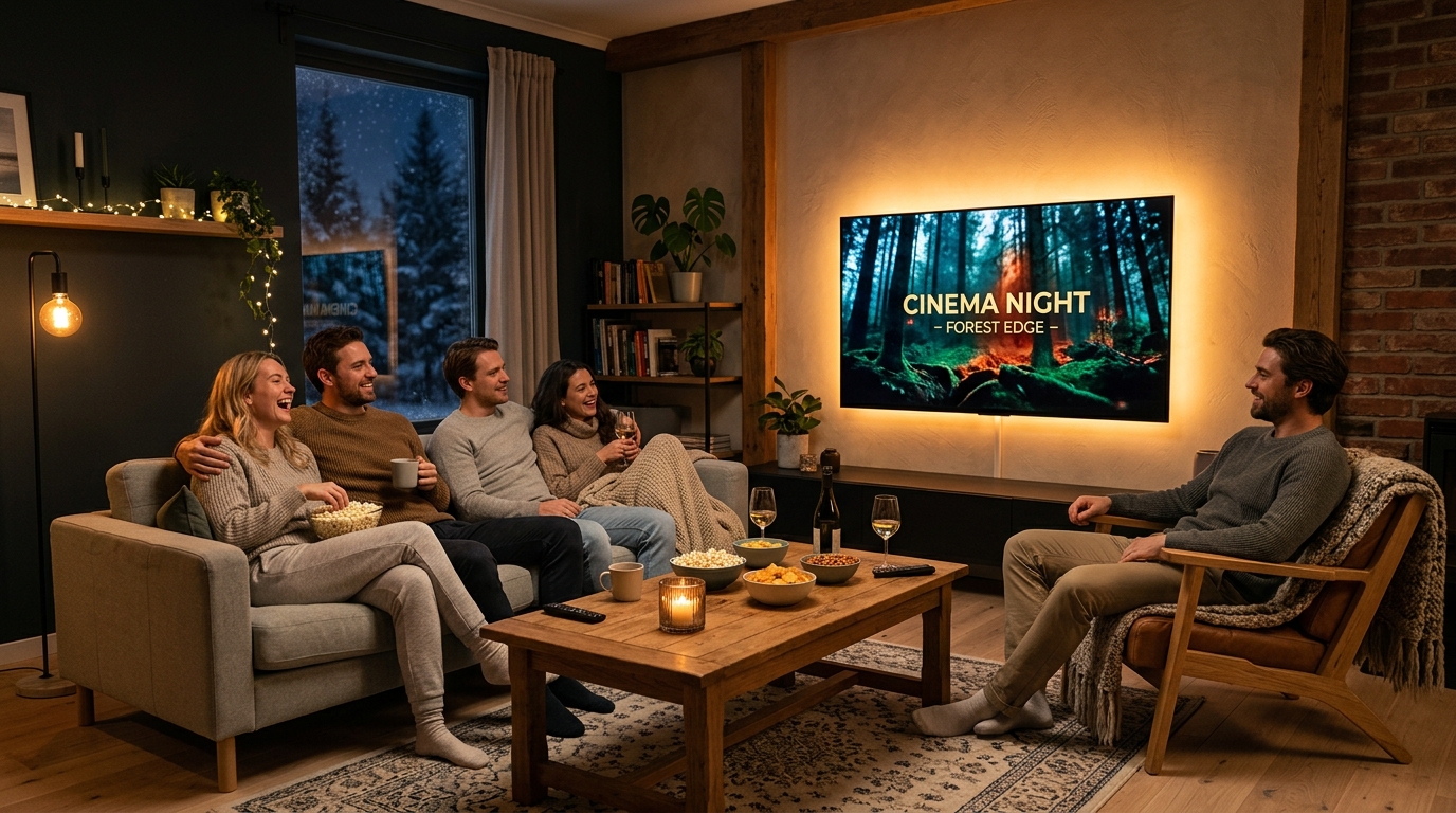 Vänner samlade i ett mysigt skandinaviskt vardagsrum framför en stor TV på filmkväll