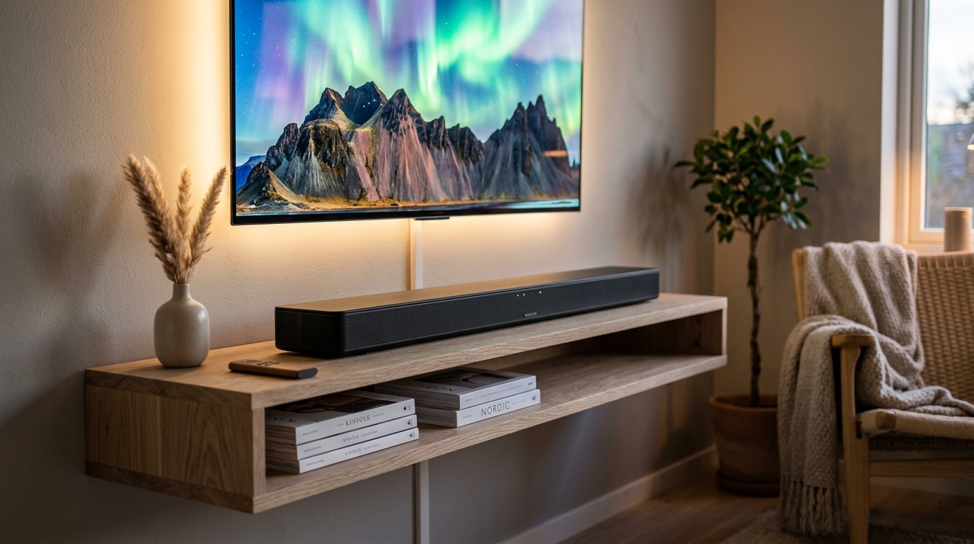 Modern TV med soundbar som visar direktsänd fotbollsmatch